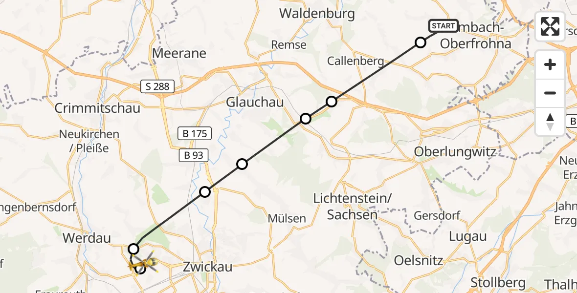 Flugroute Rettungshubschrauber Limbach-Oberfrohna - ADAC Air Rescue Station Zwickau Hubschrauberlandeplatz, 25 August 2026, 16:23