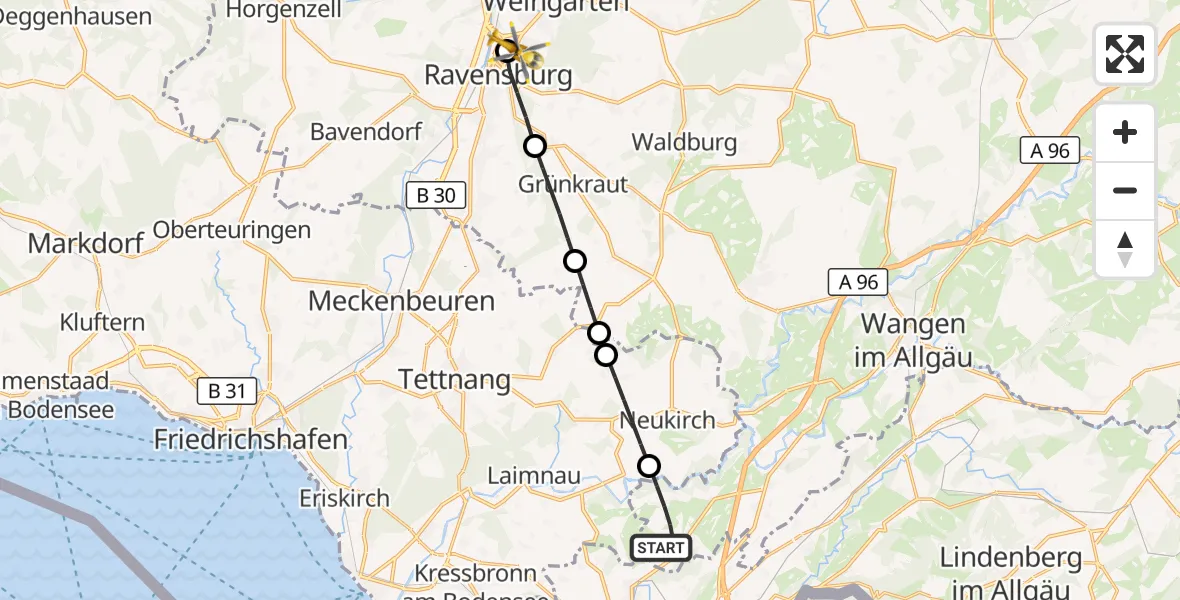 Flugroute Rettungshubschrauber Achberg - Sankt Elisabeth Hospital, 25 August 2026, 16:23