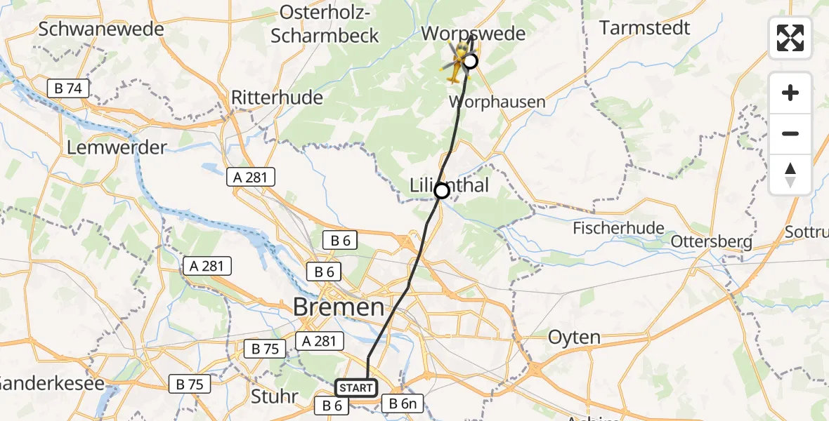Flugroute Rettungshubschrauber Bremen - Worpswede, 25 August 2026, 16:27