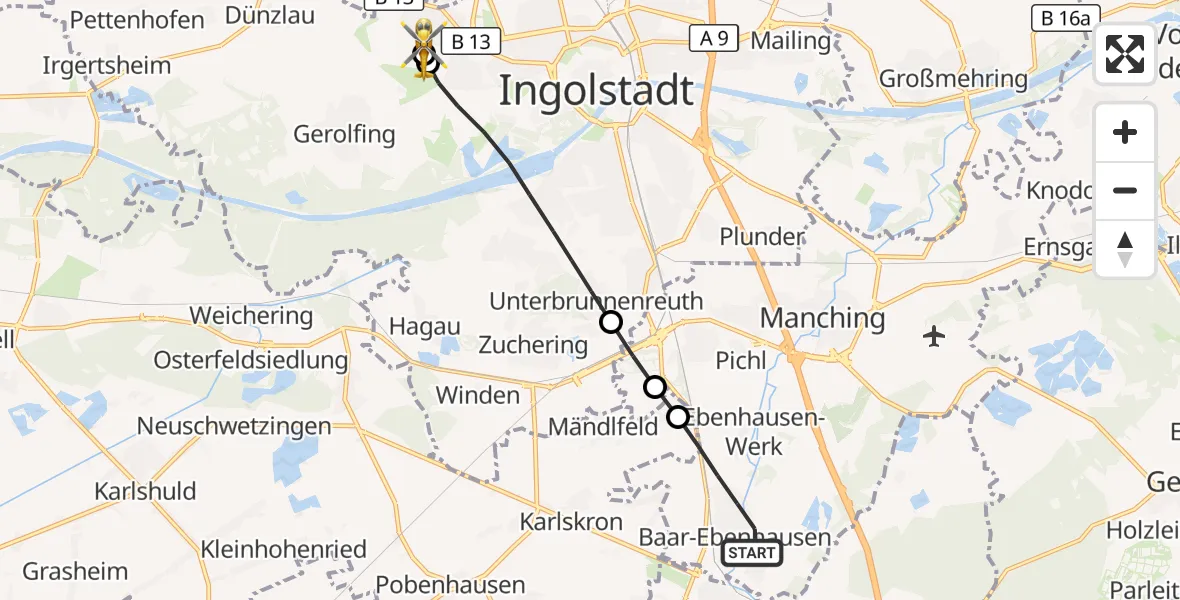 Flugroute Rettungshubschrauber Baar-Ebenhausen - Ingolstadt Hospital, 25 August 2026, 16:28