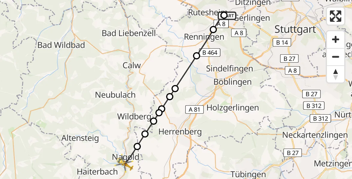 Flugroute Rettungshubschrauber Leonberg Hospital - Nagold, 25 August 2026, 16:34