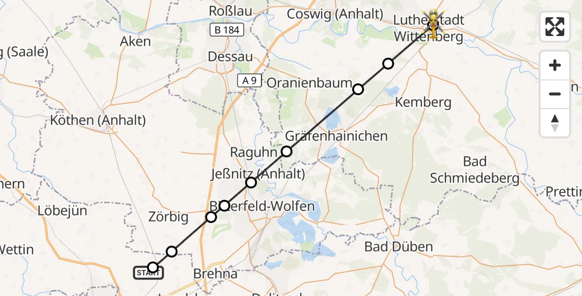 Flugroute Rettungshubschrauber Petersberg - Paul-Gerhardt-Stift Evangelical Hospital, 25 August 2026, 16:39