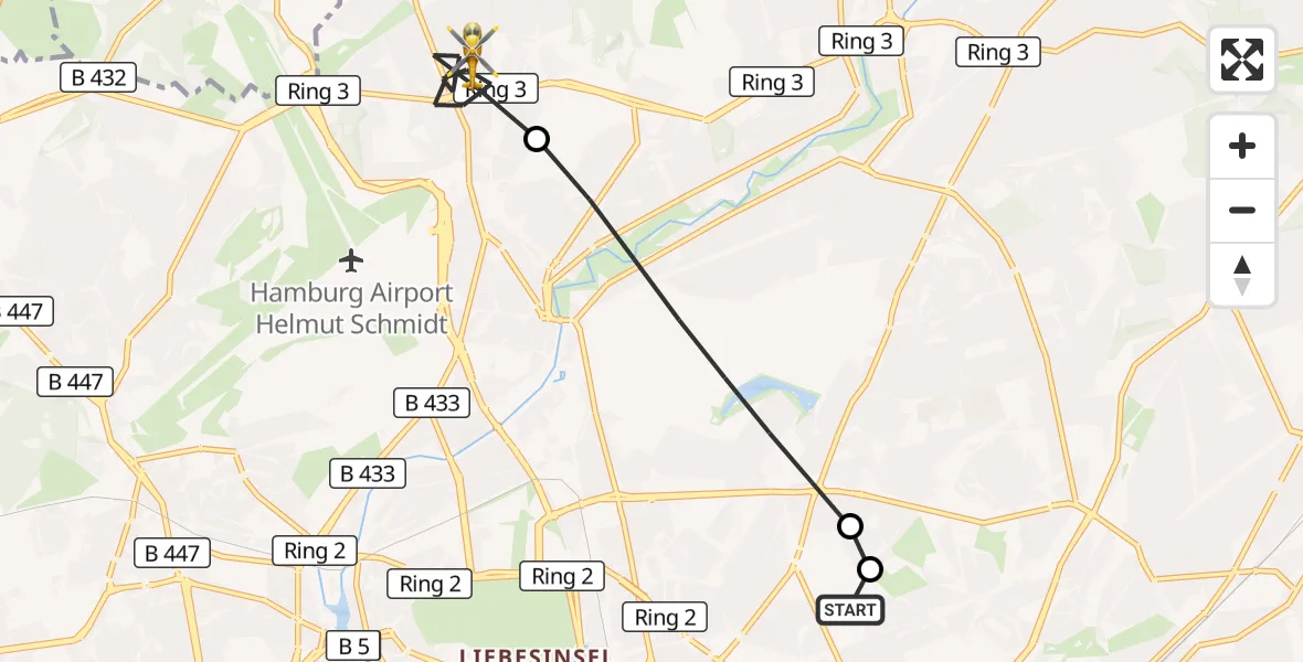 Flugroute Rettungshubschrauber Hamburg Military Hospital - Hamburg Helmut Schmidt Flughafen, 25 August 2026, 16:39