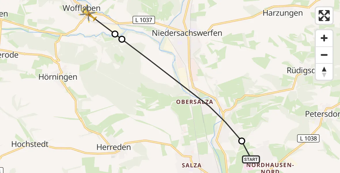 Flugroute Rettungshubschrauber Südharz Hospital Nordhausen - Ellrich, 25 August 2026, 16:42