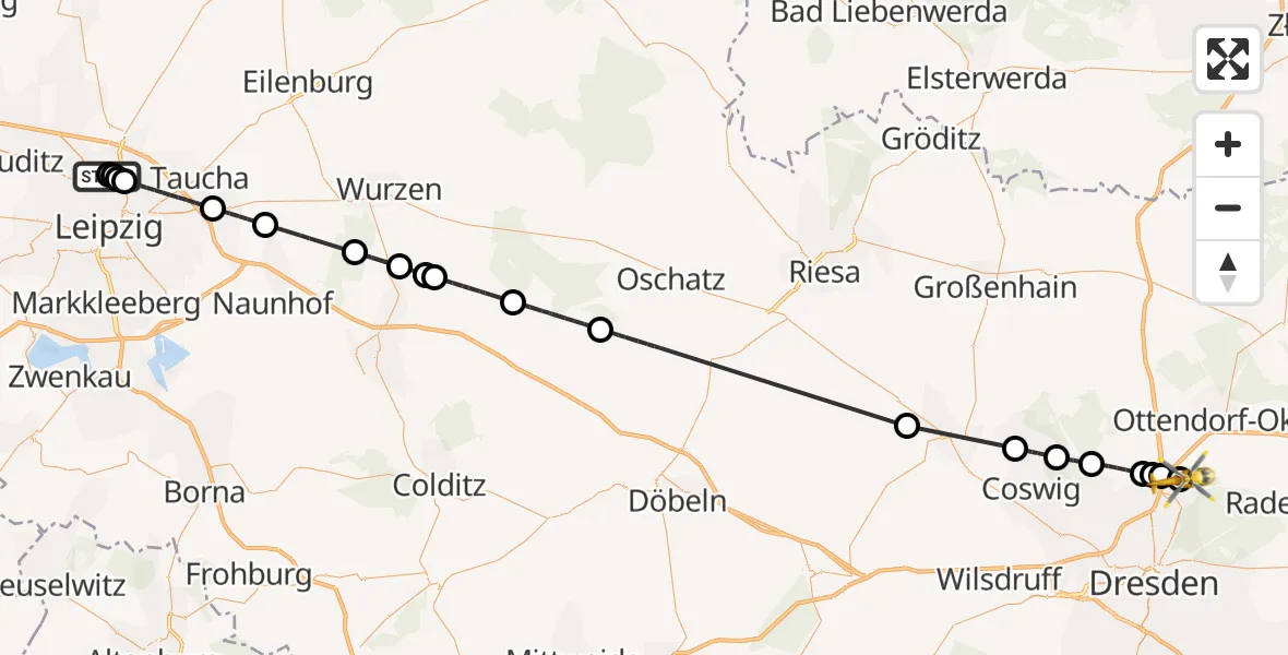 Flugroute Rettungshubschrauber Sankt Georg Hospital Leipzig Reserve - Dresden Bundespolizei Hubschrauberlandeplatz, 25 August 2026, 16:43