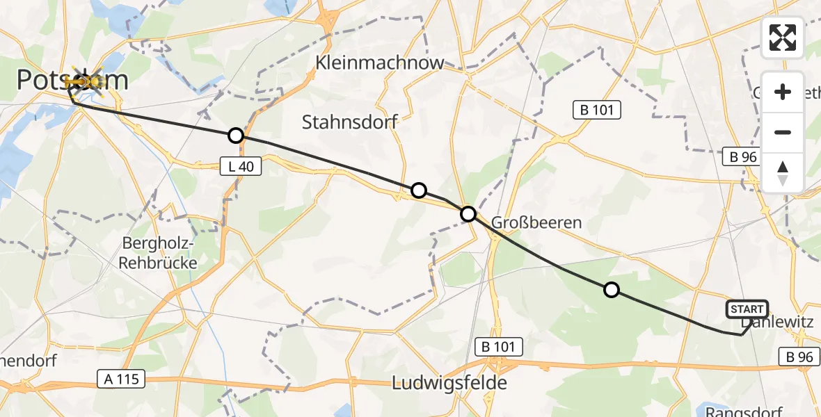 Flugroute Rettungshubschrauber Blankenfelde-Mahlow - Ernst von Bergmann Clinic Hubschrauberlandeplatz, 25 August 2026, 16:44