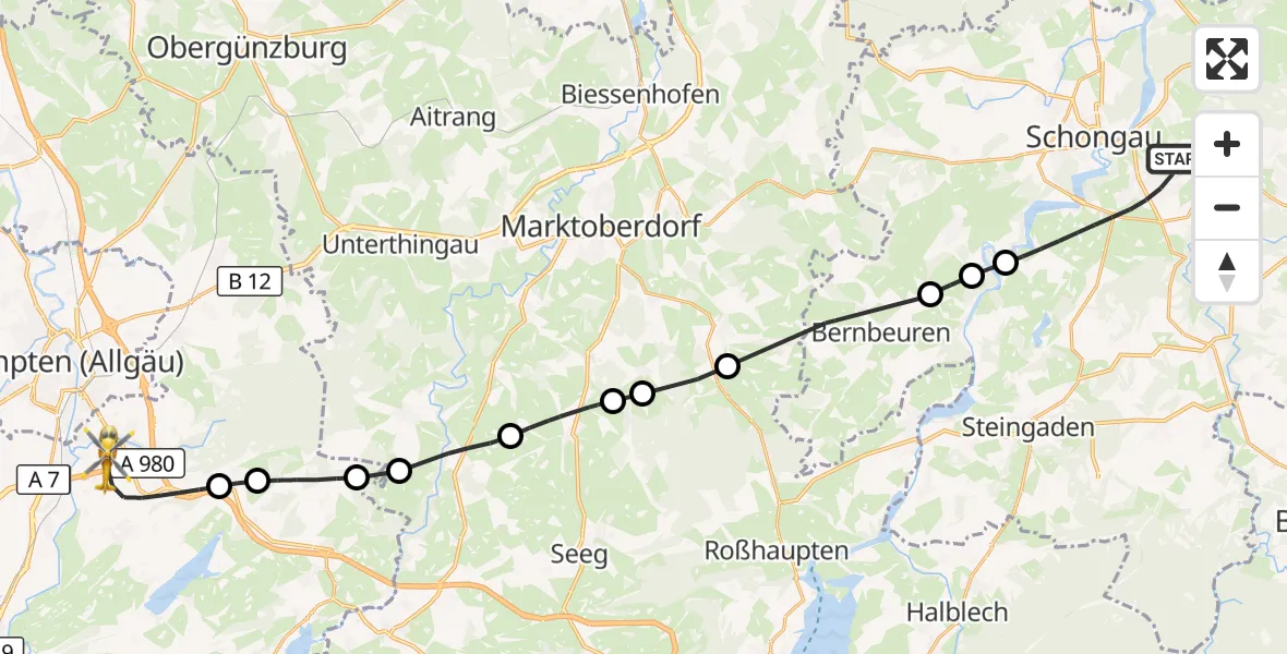 Flugroute Rettungshubschrauber Peiting - Kempten-Durach Flugplatz, 25 August 2026, 16:44