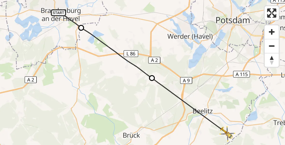 Flugroute Rettungshubschrauber Brandenburg an der Havel - Beelitz, 25 August 2026, 16:51