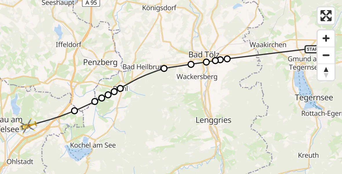 Flugroute Rettungshubschrauber Gmund a.Tegernsee - Riegsee, 25 August 2026, 17:07