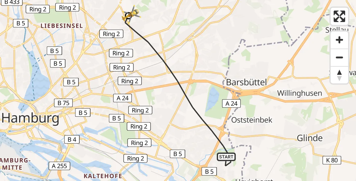 Flugroute Rettungshubschrauber Hamburg - Hamburg Military Hospital, 25 August 2026, 17:07