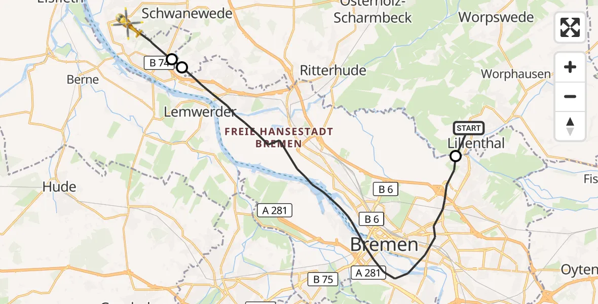 Flugroute Rettungshubschrauber Lilienthal - Schwanewede, 25 August 2026, 17:13