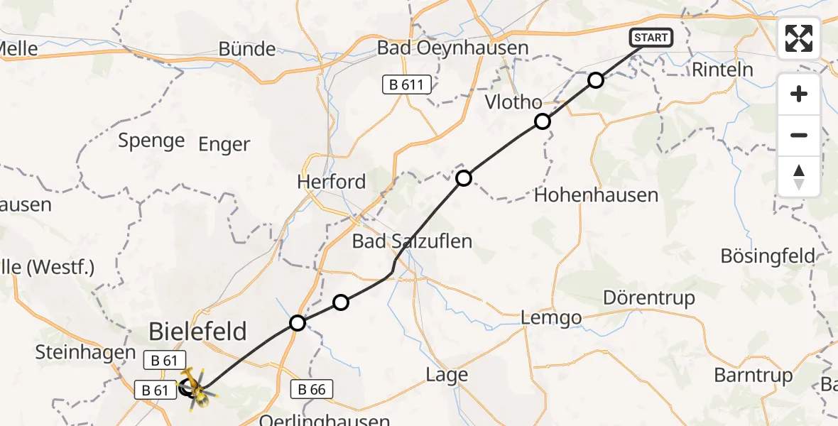 Flugroute Rettungshubschrauber Porta Westfalica - Luftrettungszentrum Bielefeld, 25 August 2026, 17:23