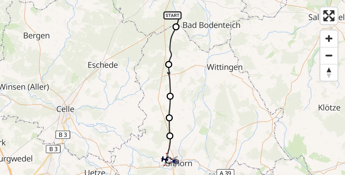 Flugroute Polizeihubschrauber Wrestedt - Gifhorn Bundespolizei Hubschrauberlandeplatz, 25 August 2026, 17:24