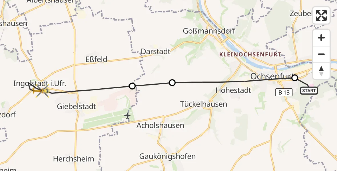 Flugroute Rettungshubschrauber Ochsenfurt Hospital - Giebelstadt, 25 August 2026, 17:29