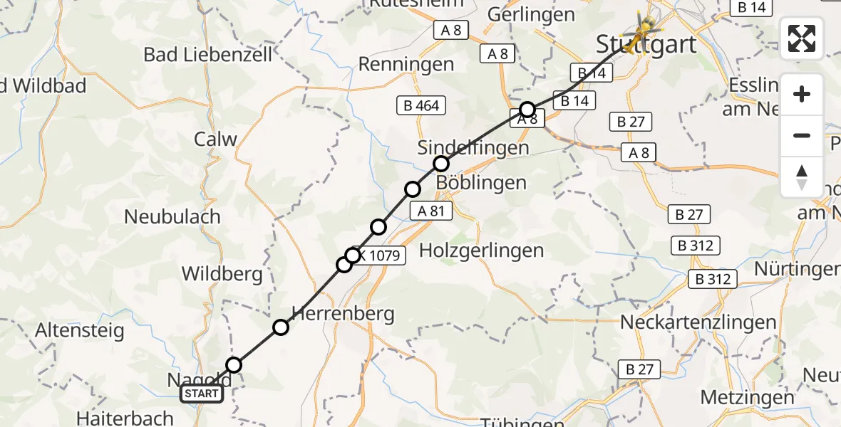 Flugroute Rettungshubschrauber Nagold - Stuttgart, 25 August 2026, 17:30