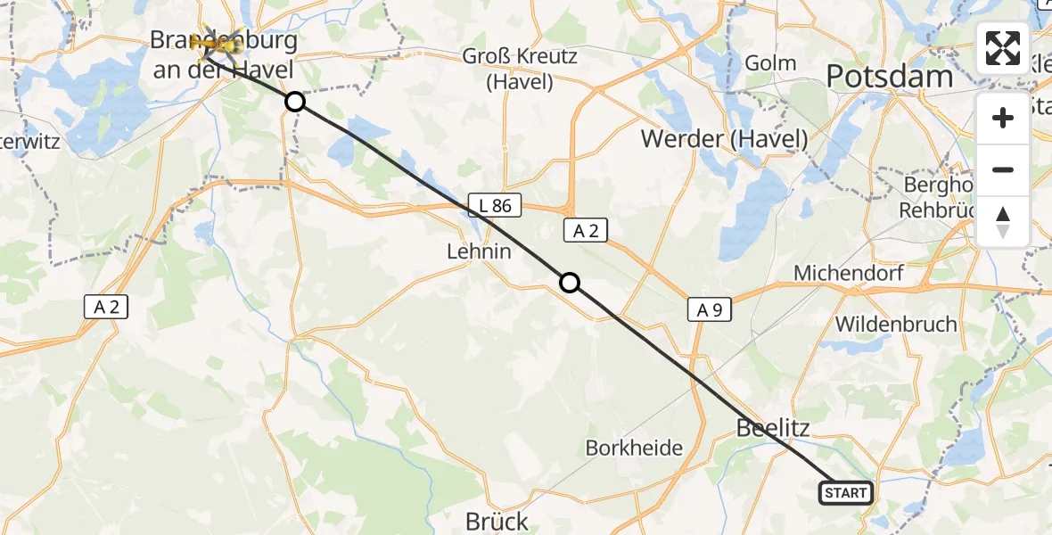 Flugroute Rettungshubschrauber Beelitz - Brandenburg an der Havel, 25 August 2026, 17:35