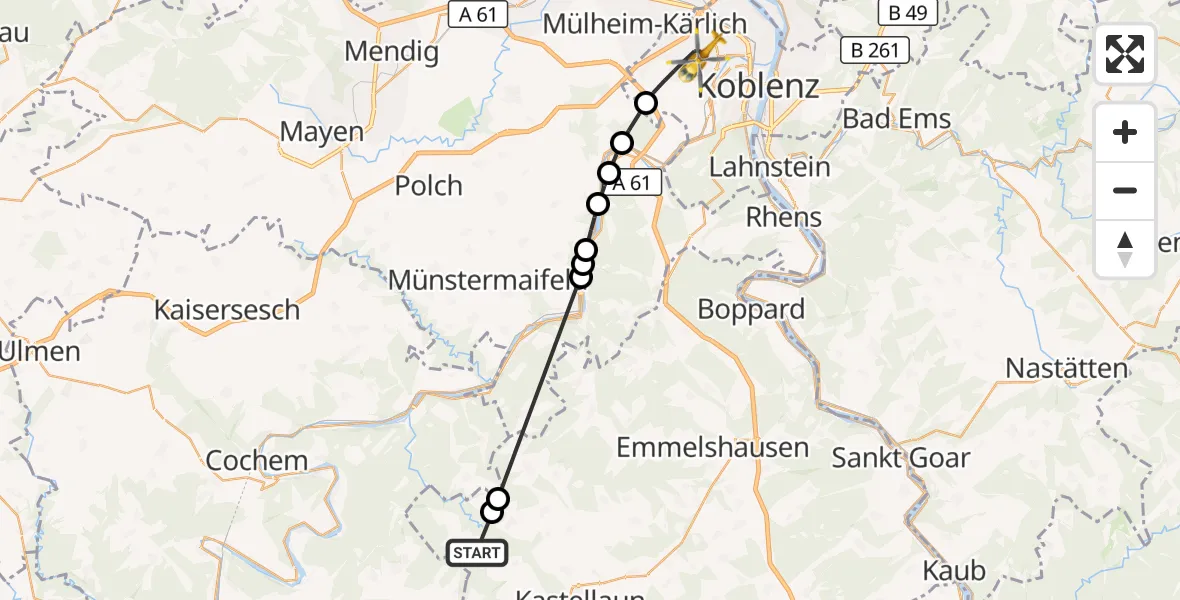 Flugroute Rettungshubschrauber Mörsdorf - Koblenz, 25 August 2026, 17:38