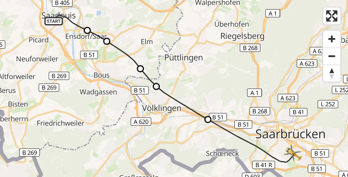 Flugroute Rettungshubschrauber Saarlouis - Saarbrücken, 25 August 2026, 17:40