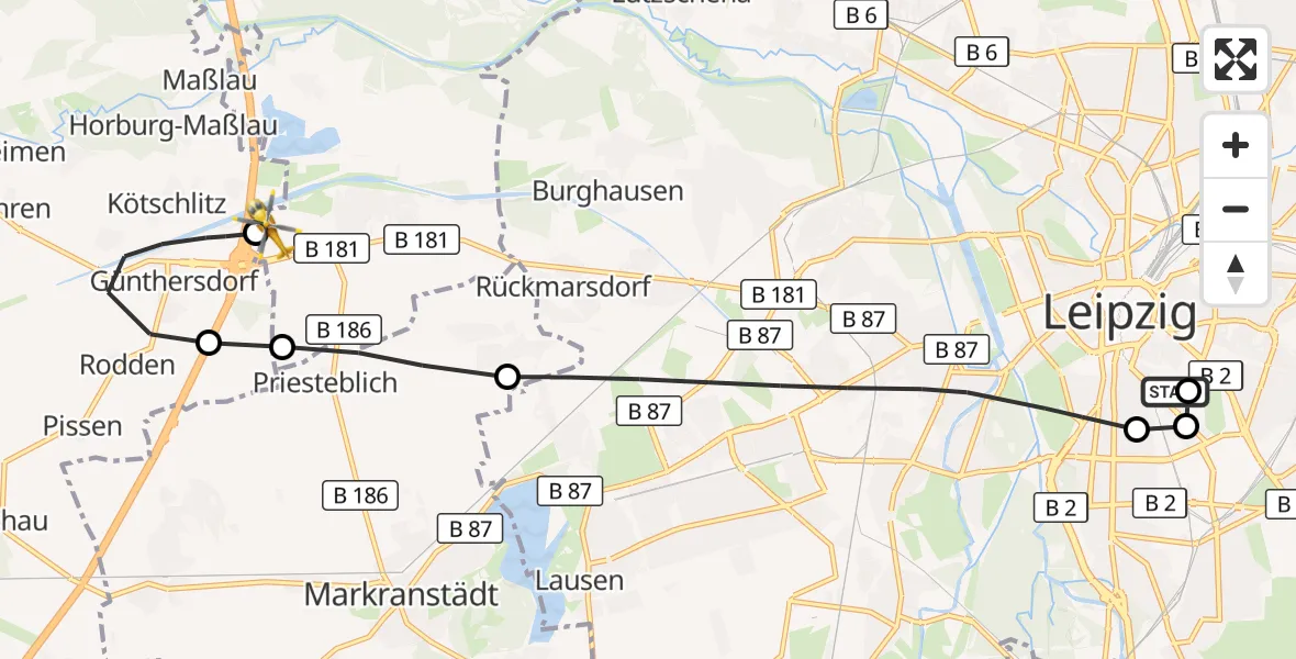 Flugroute Ambulanzhubschrauber Leipzig University Hospital Heliport 1 - ADAC Air Rescue Station Leipzig/Schkeuditz-Dölzig Hubschrauberlandeplatz (Christoph 61), 25 August 2026, 17:57