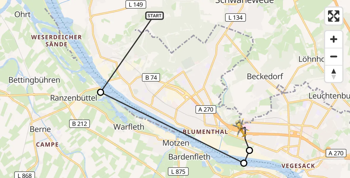 Flugroute Rettungshubschrauber Schwanewede - Bremen, 25 August 2026, 18:01