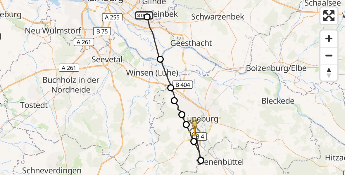 Flugroute Rettungshubschrauber Christoph Hansa ADAC Hubschrauberlandeplatz - Lüneburg, 25 August 2026, 18:01