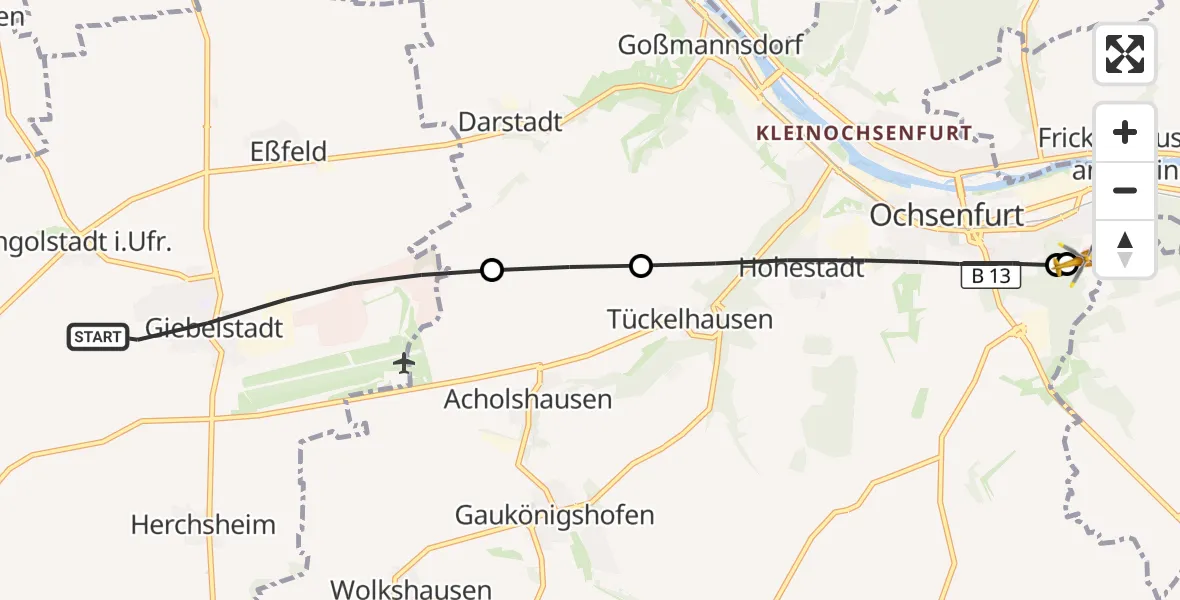 Flugroute Rettungshubschrauber Giebelstadt - Ochsenfurt Hospital, 25 August 2026, 18:05