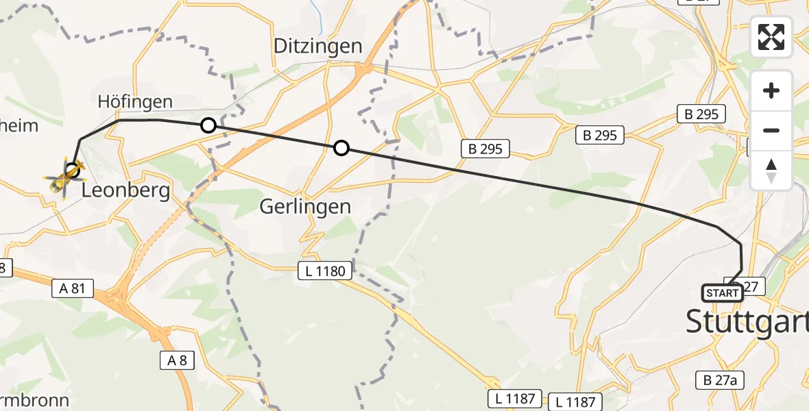 Flugroute Rettungshubschrauber Stuttgart - Leonberg Hospital, 25 August 2026, 18:25