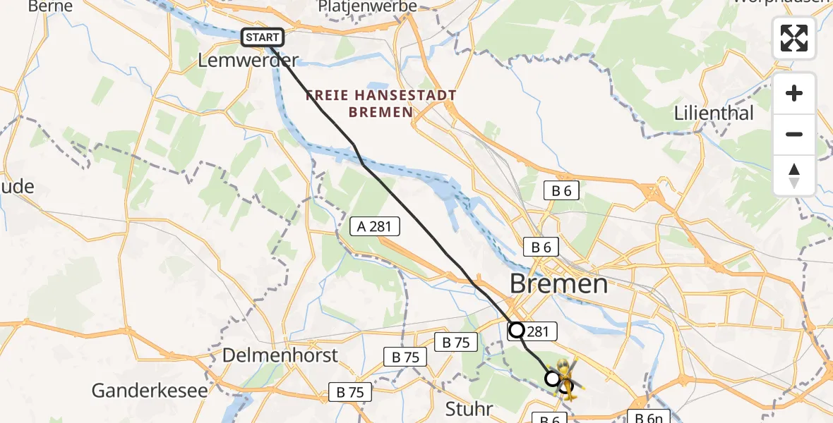 Flugroute Rettungshubschrauber Bremen - ADAC Air Rescue Station Bremen Hubschrauberlandeplatz (Christoph 6), 25 August 2026, 18:30