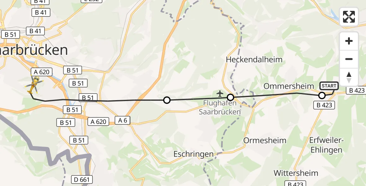 Flugroute Rettungshubschrauber Blieskastel - Saarbrücken, 25 August 2026, 18:32