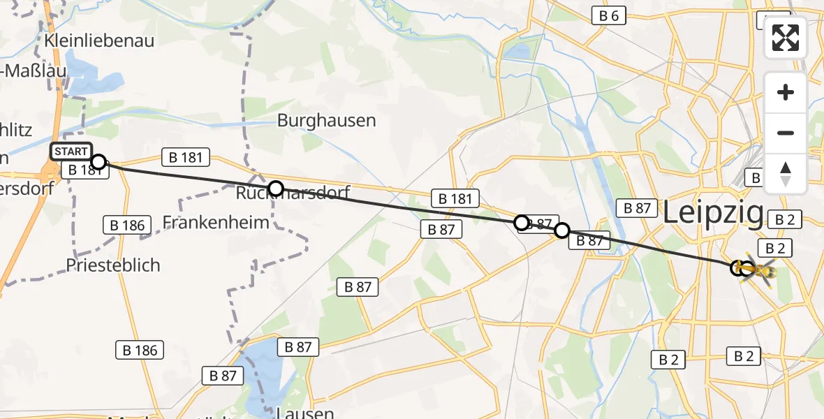 Flugroute Ambulanzhubschrauber ADAC Air Rescue Station Leipzig/Schkeuditz-Dölzig Hubschrauberlandeplatz (Christoph 61) - Leipzig University Hospital Heliport 1, 25 August 2026, 18:39