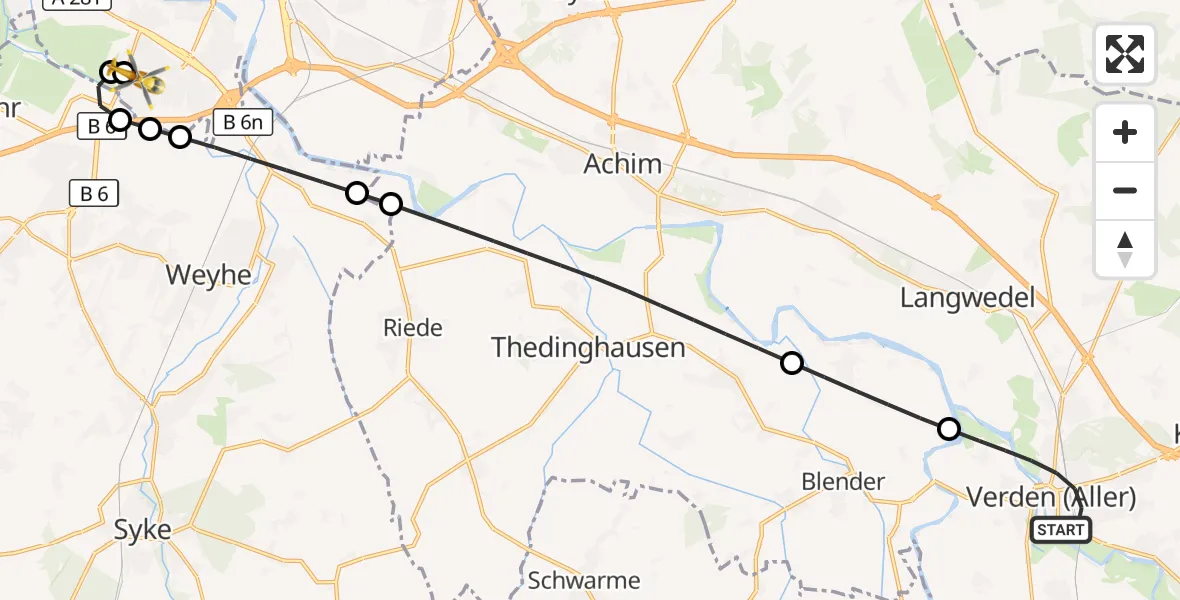 Flugroute Rettungshubschrauber Verden (Aller) - ADAC Air Rescue Station Bremen Hubschrauberlandeplatz (Christoph 6), 25 August 2026, 18:51