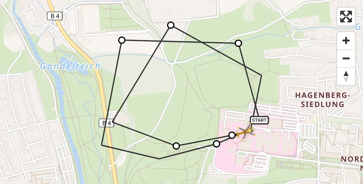 Flugroute Rettungshubschrauber Südharz Hospital Nordhausen - Südharz Hospital Nordhausen, 25 August 2026, 19:01