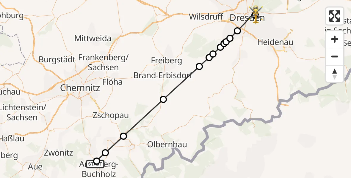 Flugroute Rettungshubschrauber Annaberg-Buchholz - Dresden University Hospital, 25 August 2026, 19:17