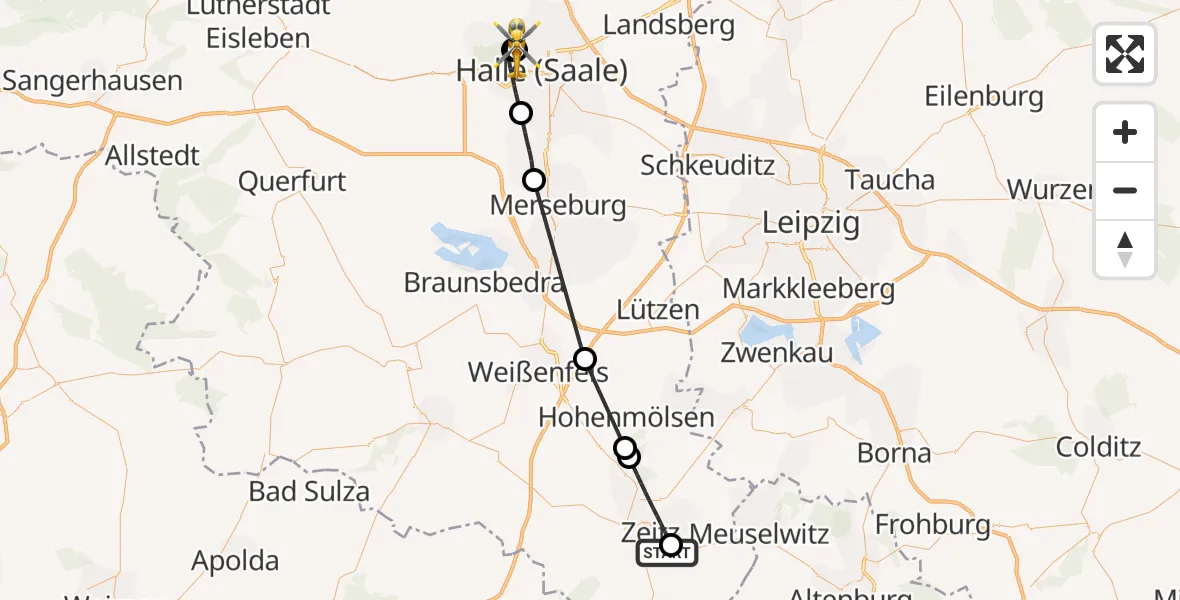 Flugroute Rettungshubschrauber Zeitz Hospital - Halle (Saale) University Hospital, 25 August 2026, 19:21
