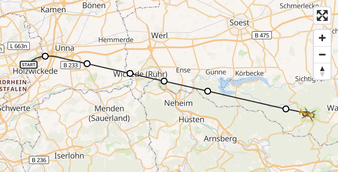 Flugroute Rettungshubschrauber Dortmund Flughafen - Warstein, 25 August 2026, 19:37