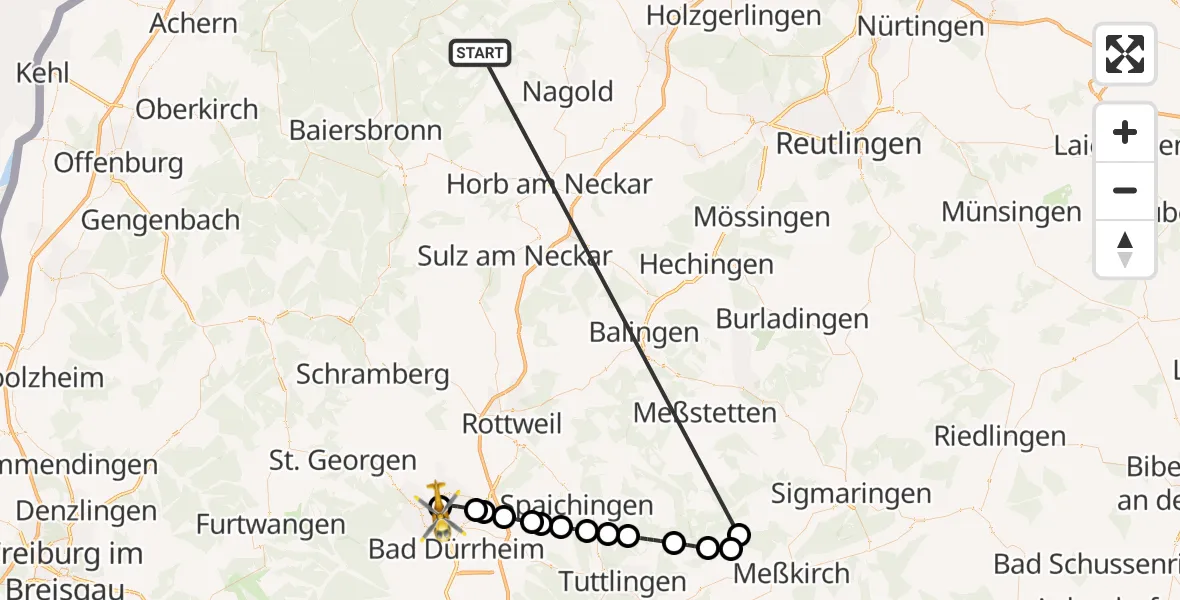 Flugroute Ambulanzhubschrauber Altensteig - DRF Air Rescue Station Villingen-Schwenningen Hubschrauberlandeplatz (Christoph 11), 25 August 2026, 19:56