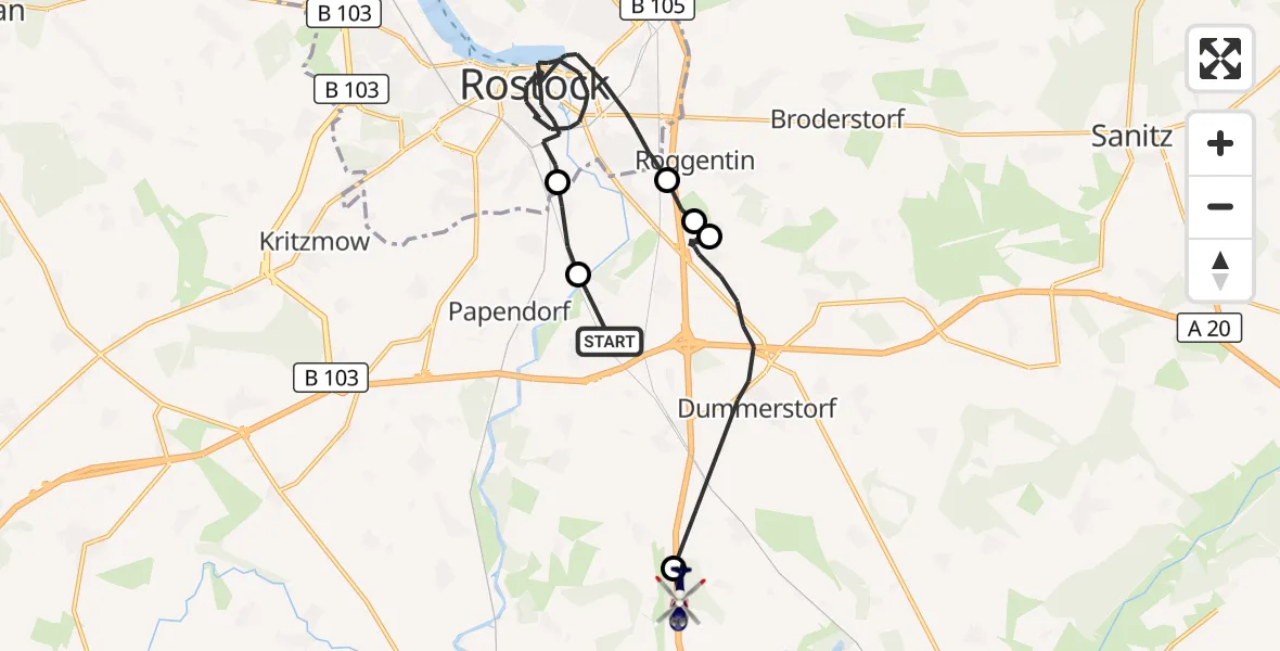 Flugroute Polizeihubschrauber Dummerstorf - Dolgen am See, 25 August 2026, 19:59