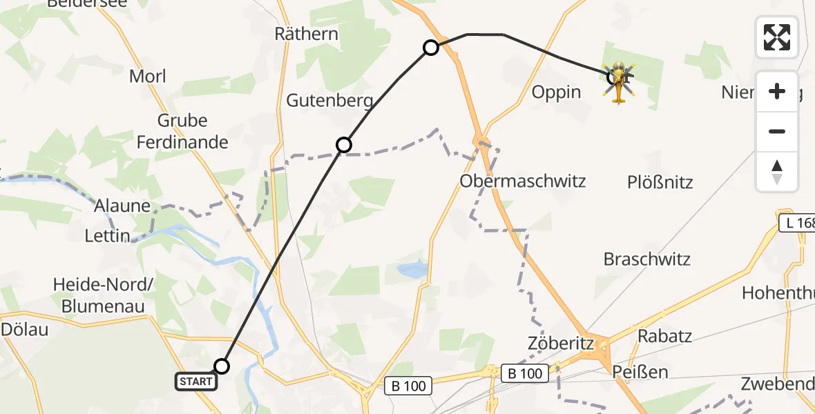 Flugroute Rettungshubschrauber Halle (Saale) University Hospital - Halle-Oppin Flugplatz, 25 August 2026, 20:16