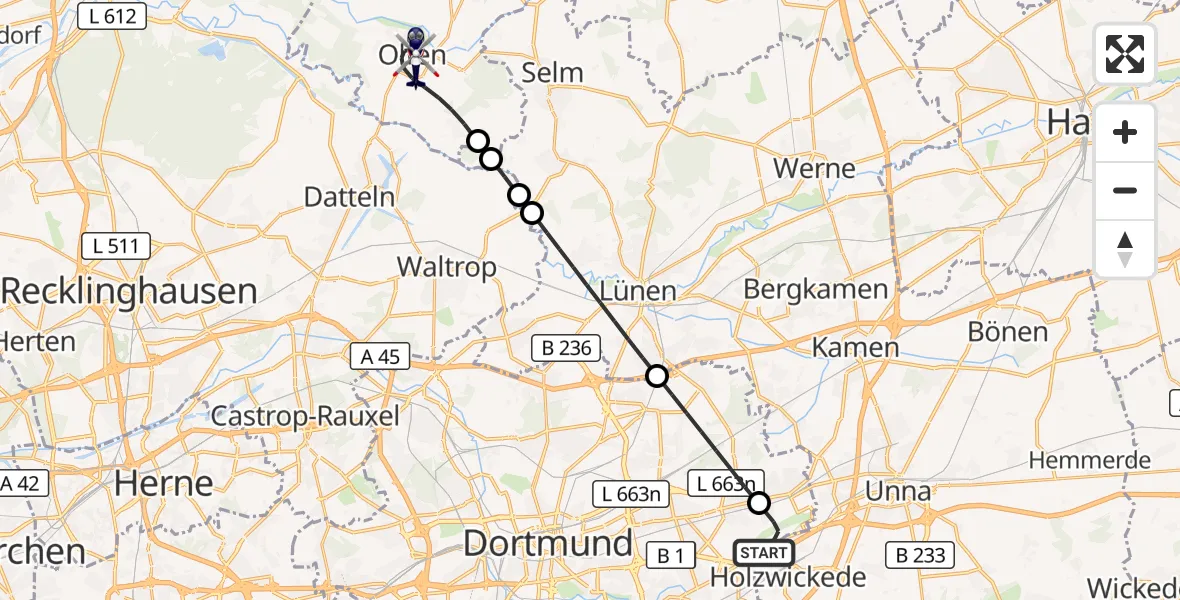 Flugroute Polizeihubschrauber Dortmund Flughafen - Olfen, 25 August 2026, 20:18