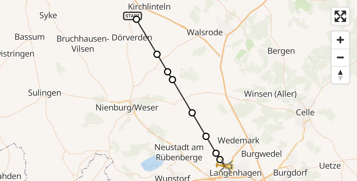 Flugroute Rettungshubschrauber Verden (Aller) - Flughafen Hannover, 25 August 2026, 20:28