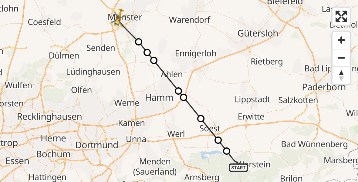 Flugroute Rettungshubschrauber Warstein - Münster, 25 August 2026, 20:34