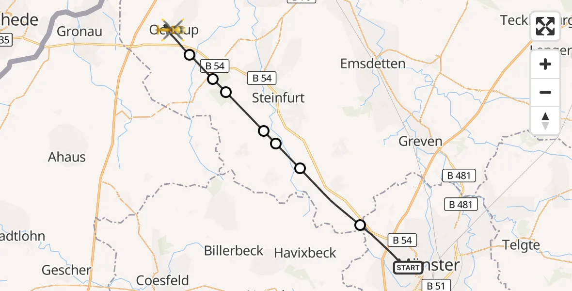 Flugroute Rettungshubschrauber Münster - Ochtrup, 25 August 2026, 21:36