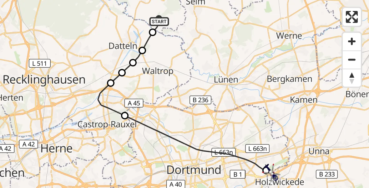 Flugroute Polizeihubschrauber Olfen - Dortmund Flughafen, 25 August 2026, 22:11
