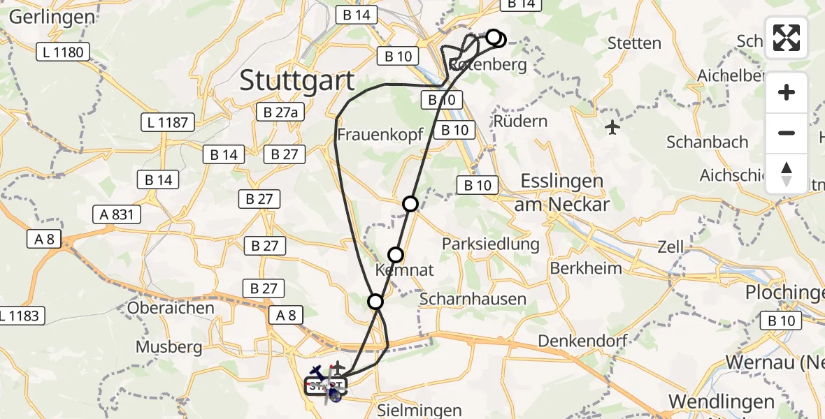 Flugroute Polizeihubschrauber Flughafen Stuttgart - Flughafen Stuttgart, 25 August 2026, 22:14
