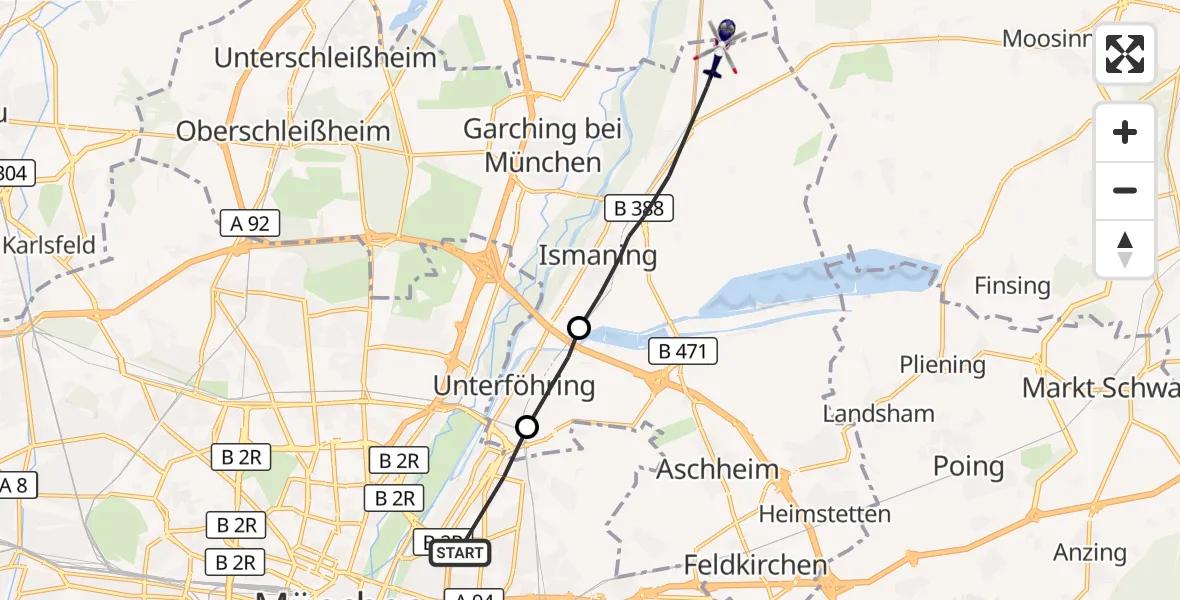 Flugroute Polizeihubschrauber München - Ismaning, 25 August 2026, 22:51