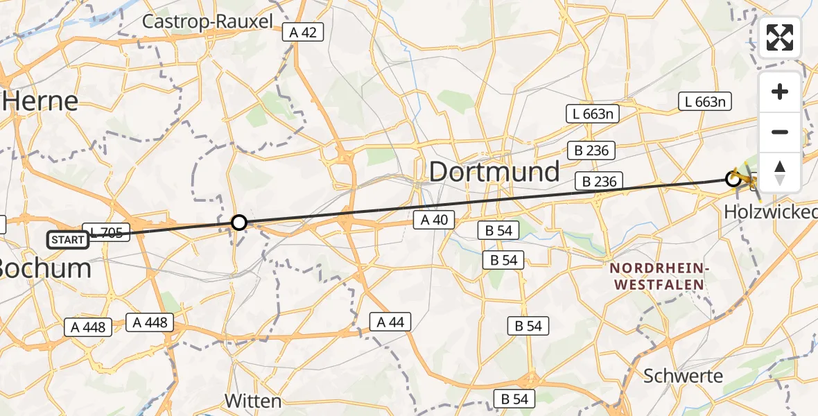 Flugroute Rettungshubschrauber Bochum - Dortmund Flughafen, 25 August 2026, 23:49