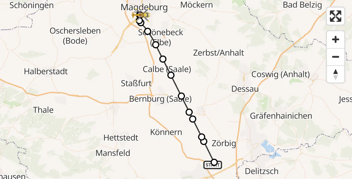 Flugroute Rettungshubschrauber Halle-Oppin Flugplatz - Magdeburg University Hospital, 26 August 2026, 00:09