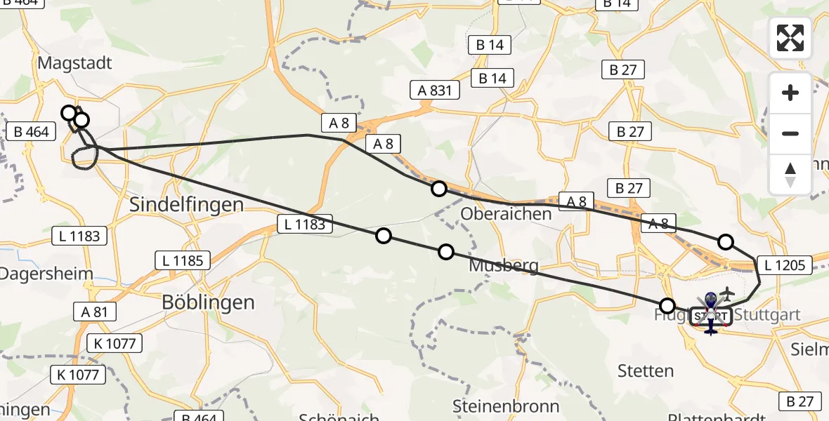 Flugroute Polizeihubschrauber Flughafen Stuttgart - Flughafen Stuttgart, 26 August 2026, 01:43