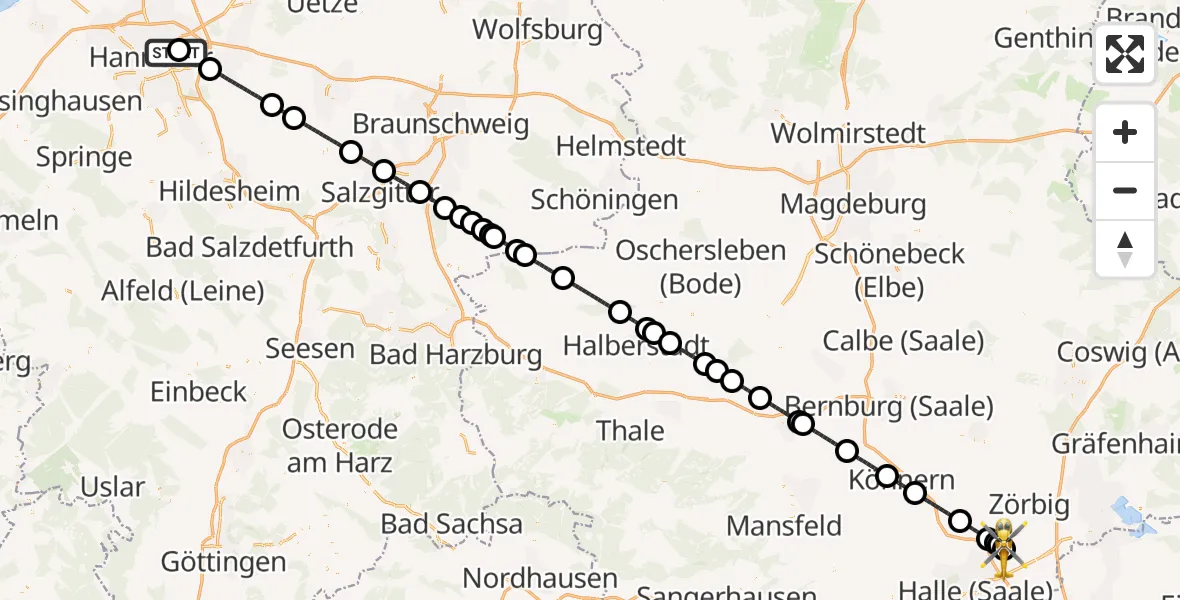 Flugroute Rettungshubschrauber Hannover Luftrettung Hubschrauberlandeplatz (Christoph 4) - Halle-Oppin Flugplatz, 26 August 2026, 02:34