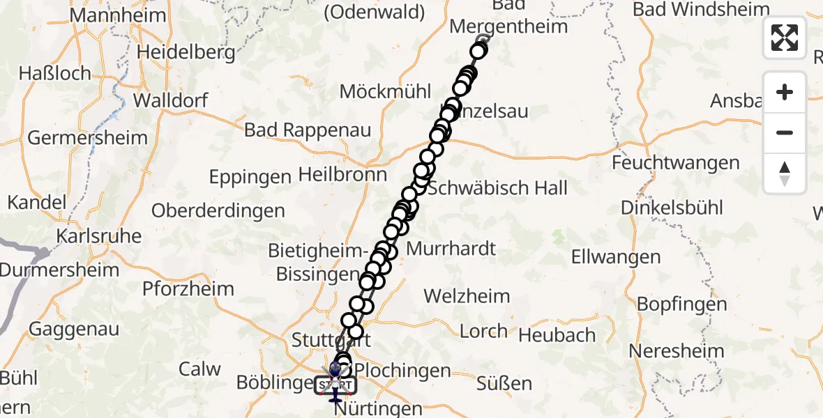 Flugroute Polizeihubschrauber Flughafen Stuttgart - Flughafen Stuttgart, 26 August 2026, 02:52